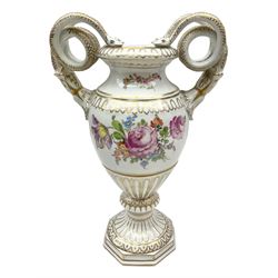 20th century Dresden campagna form vase decorated with flowers, leaves and scrolls and serpent handles, printed mark beneath, H36cm