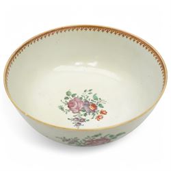 Chinese export Armorial part service decorated with sprays of flowers and a crest of an arm holding an anchor comprising bowl D23cm, pair of octagonal plates 16cm and sparrow beak jug H12cm (4)