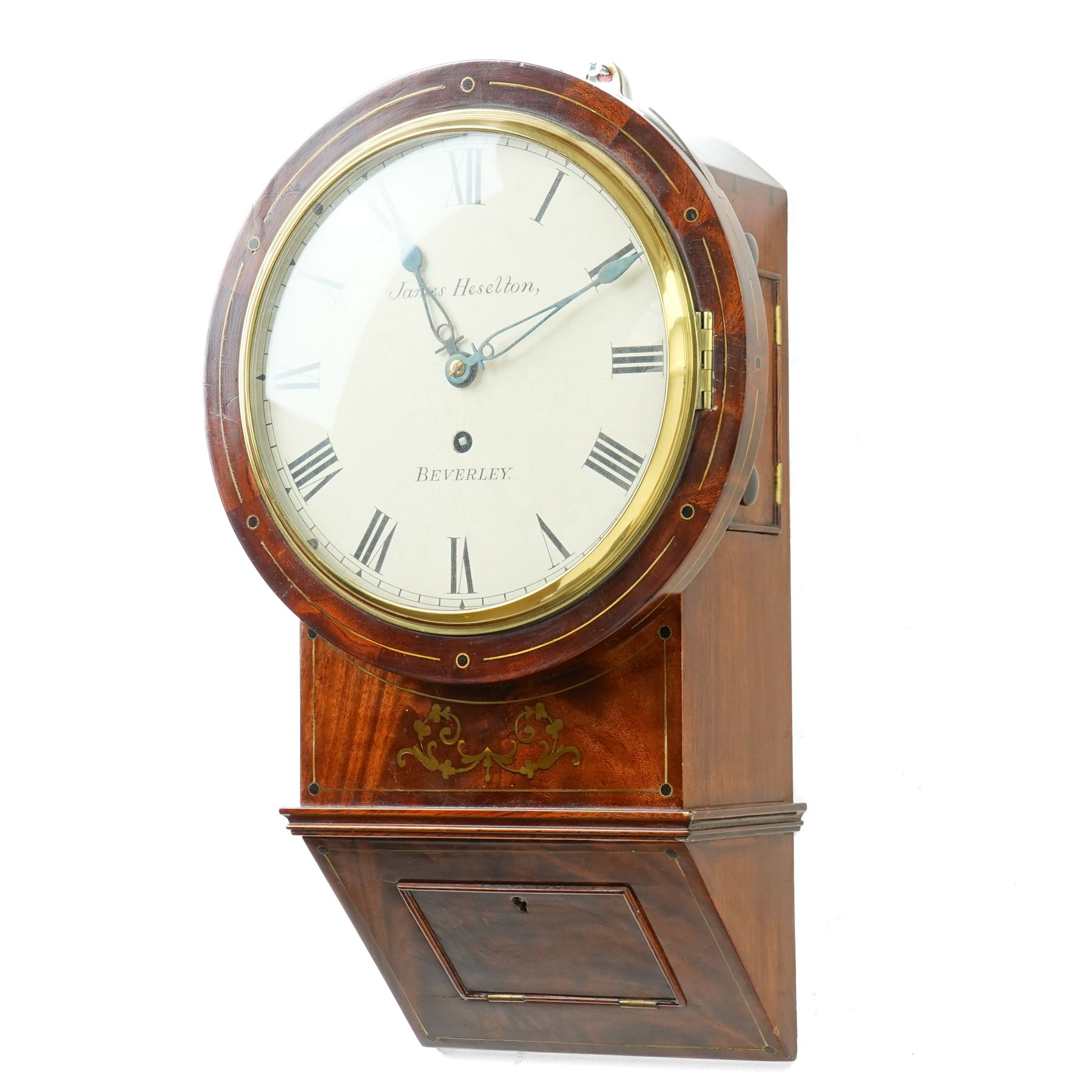 Late Regency drop dial wall clock, the white 19cm dial inscribed 'James Heselton, Beverley' with single fusee eight day movement in brass inlaid mahogany case H38cm 