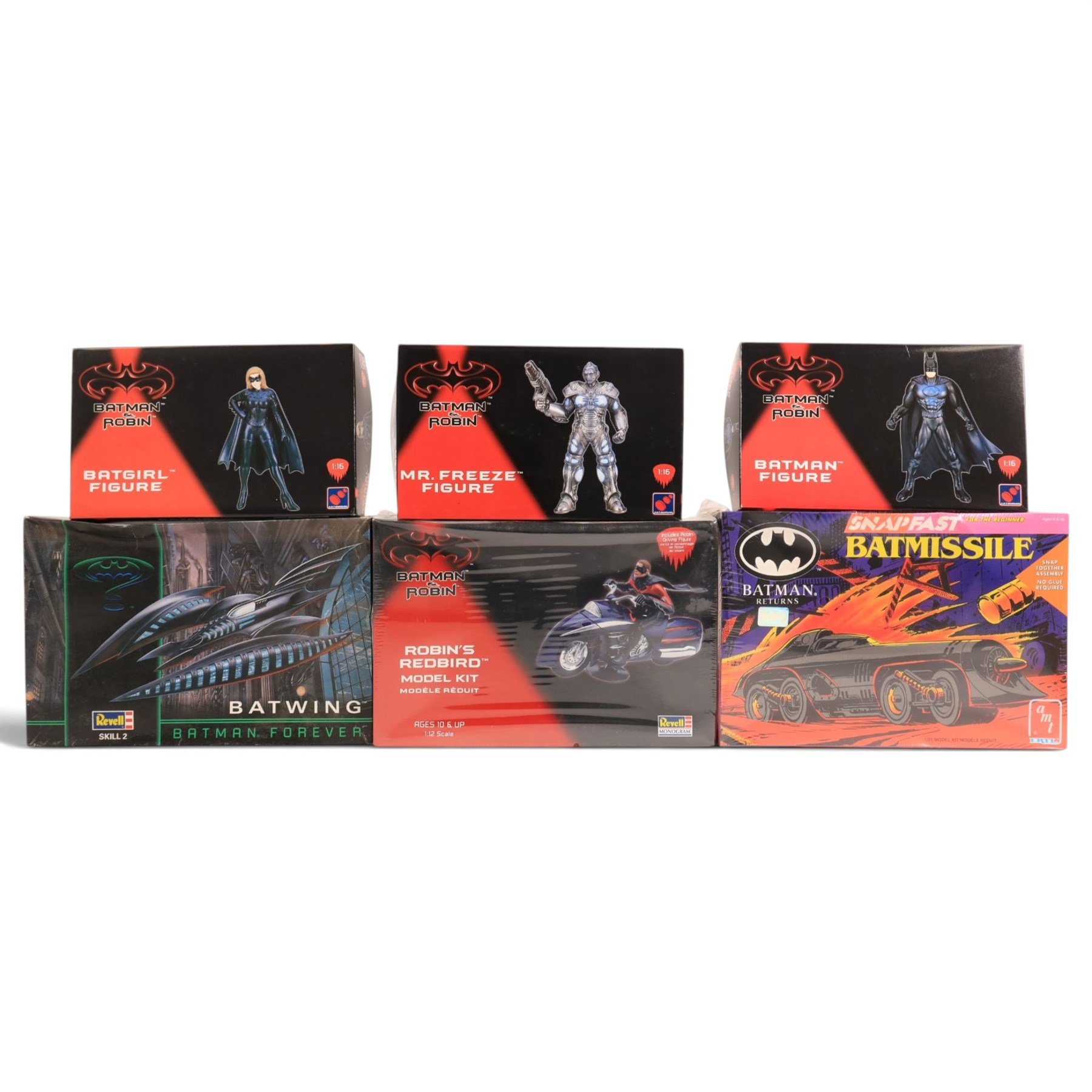 Six Batman model kits, comprising Revell Robin's Redbird, Ertl Snapfast Batmissile, Revell Batman Forever Batwing, Hasegawa Batgirl Figure, Hasegawa Mr Freeze Figure and Hasegawa Batman figure, all boxed