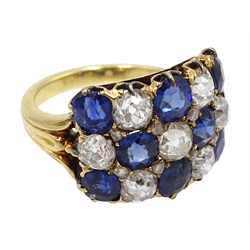  Victorian 18ct gold ring, with three rows of alternating swiss and old cut sapphires, and old cut diamonds, total diamond weight approx 1.40 carat  
[image code: 3mc]