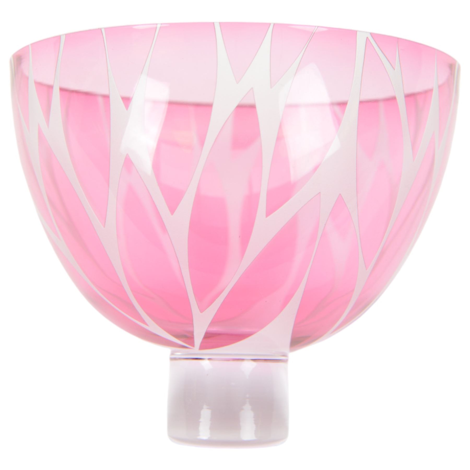 Gillies Jones of Rosedale glass bowl decorated with pink leaves with white rim, upon a short clear tapering foot, signed to base, H14cm D15cm