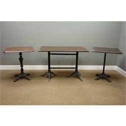  Rectangular pub/bistro table on cast metal base (108cm x 61cm, H72cm), and two other square top pub/bistro tables  