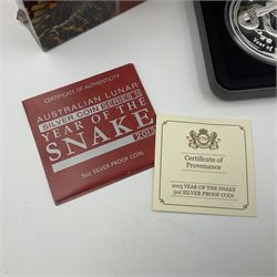 Queen Elizabeth II Australia 2013 'Australian Lunar Silver Coin Series II Year of the Snake' silver proof five ounce coin, cased with certificate