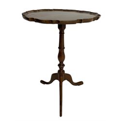 Georgian style mahogany tripod table, moulded piecrust border top on turned stem, three splayed faceted supports