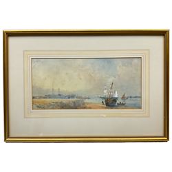 After Thomas Bush Hardy (British 1842-1897): Beached Ship and Figures near Dock, watercolour signed 'T B Hardy' 16cm x 34cm