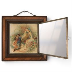 Late 19th century framed triple folding mirror, with two panels lithographed with courting scenes, H30cm, W30cm