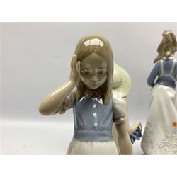 Three Lladro figures, comprising Modern Mother no 5873, Dropping the Flowers no 1285 and On the Beach no 1481, all with original boxes, largest example H30cm