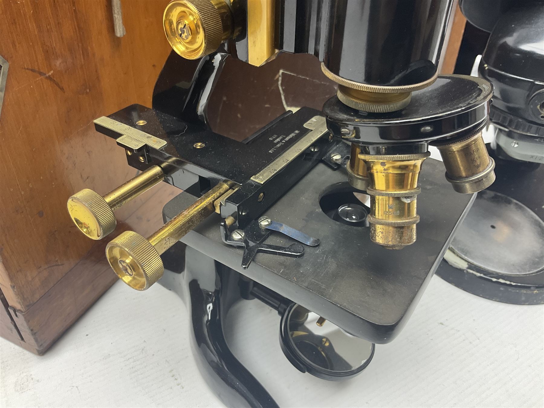 Three W. Watson & Sons microscopes, comprising Barnet binocular no 125253, Kima no 123196 and Service no 44858, all boxed 