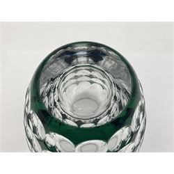 Val St Lambert style glass vase of shouldered ovoid form, cased in deep green over clear and heavily cut with repeat spherical pattern, indistinctly signed beneath ('Jac E. Dalmley'?), H15cm
