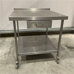  Stainless steel square kitchen preparation table, with drawer, on castors  - THIS LOT IS TO BE COLLECTED BY APPOINTMENT FROM DUGGLEBY STORAGE, GREAT HILL, EASTFIELD, SCARBOROUGH, YO11 3TX