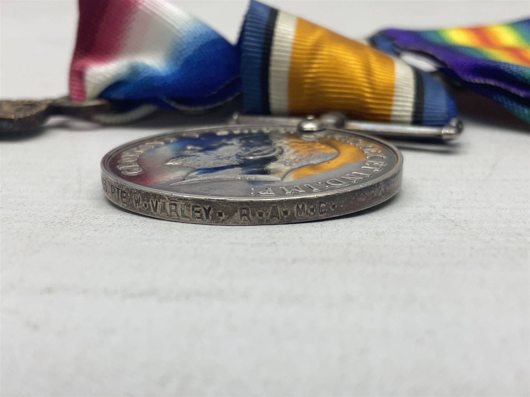 WW1 group of three medals comprising British War Medal, 1914-15 Star and Victory Medal awarded to 41493 Pte. W. Varley R.A.M.C.; all with ribbons