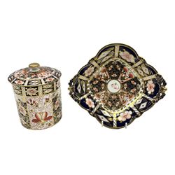 Royal Crown Derby Imari  6299 pattern octagonal dish and Imari pattern 2451 covered jar, both with printed mark beneath 