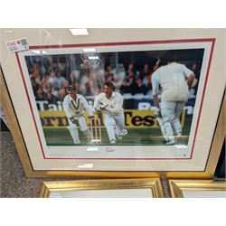 Collection of cricket memorabilia, including three black and white prints of Sir Ian Botham, colour print of Sir Ian Botham, signed limited edition Ashes Winners print, and a framed piece of The Times 1895, all framed, largest H70cm