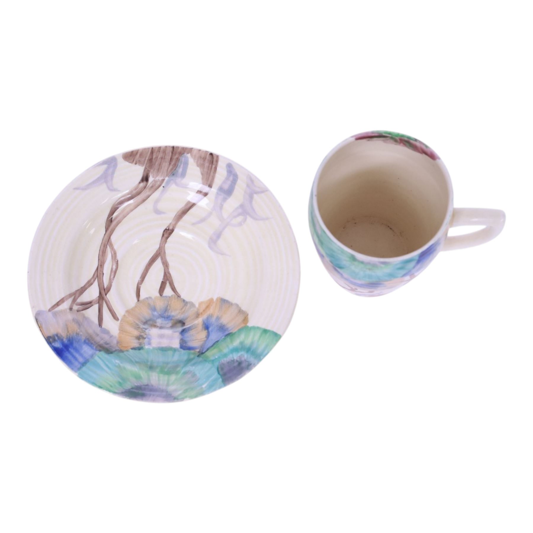 Clarice Cliff Viscaria patter coffee cup and saucer, hand painted with a stylised trees, together with Rhodanthe plate, with Bizarre and printed marks to base, plate D21cm