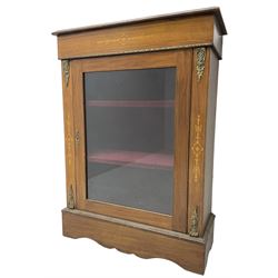 Victorian walnut pier cabinet, moulded rectangular top over inlaid frieze, decorated with gilt metal mounts and beading, the glazed single door flanked by inlaid uprights, on moulded plinth base