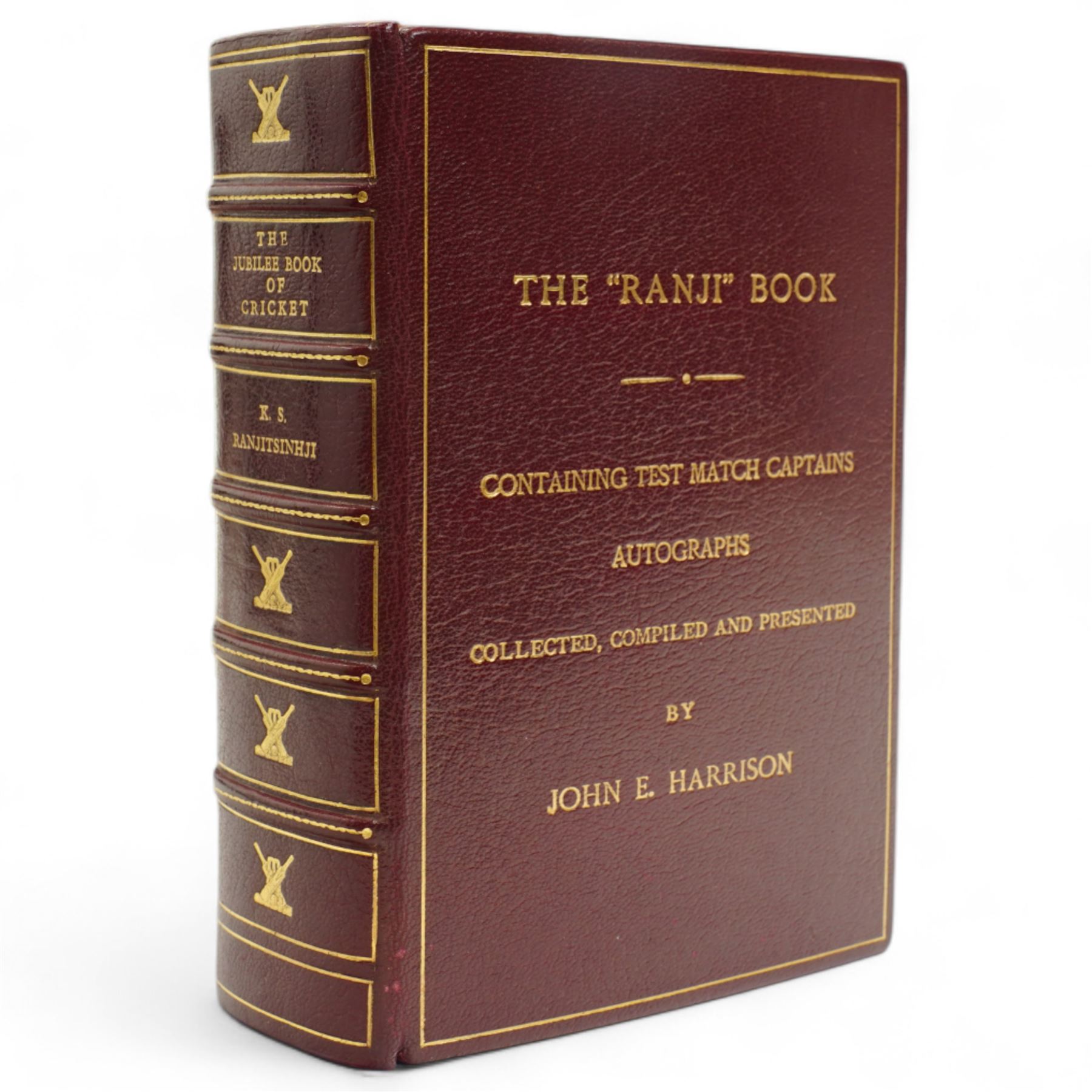 K S Ranjitsinhi - Jubilee Book of Cricket 1897, rebound in full calf and incorporating approximately 250 autographs of international cricketers, collected, compiled and presented by John E Harrison, all edges gilt together with a folder of correspondence, birthday card from Don Bradman, cuttings and autographs etc and a small album of photographs and correspondence