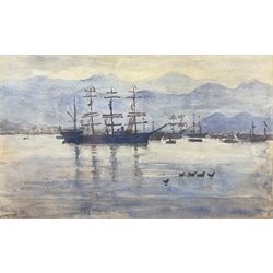 H Lyon (19th/20th century): Sailing Vessels at Anchor, watercolour indistinctly signed 15cm x 25cm