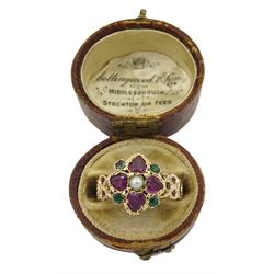Victorian gold heart cut garnet, pearl and green stone set quatrefoil ring, with pierced design shoulders, in Collingwood & Sons box