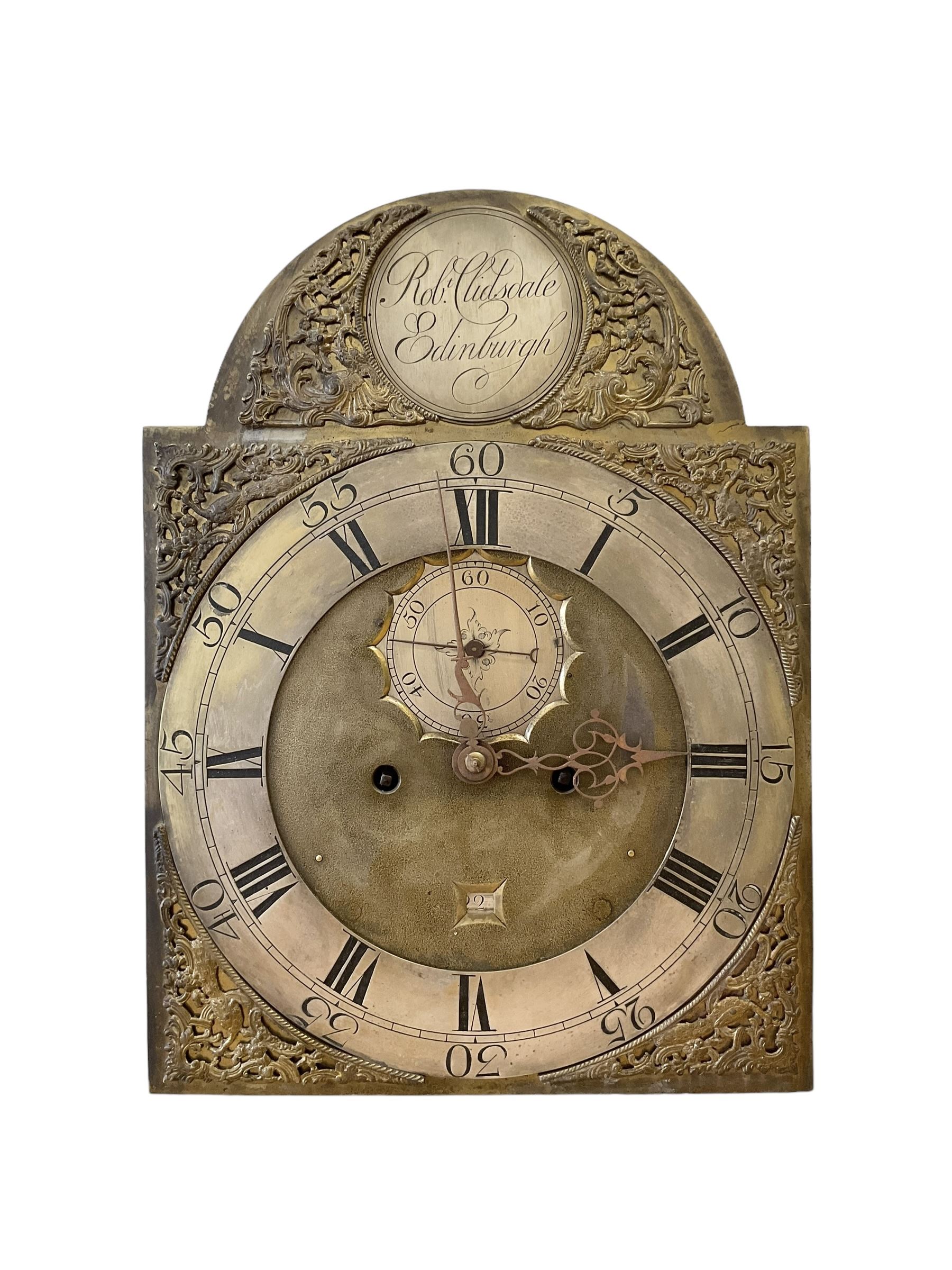 Late 18th century - 8-day longcase movement with a  12” x 16” brass dial signed Robert Clidsdale of Edinburgh, with original hands chapter ring and spandrels, with a rack strike and anchor escapement. No weights, key or pendulum.