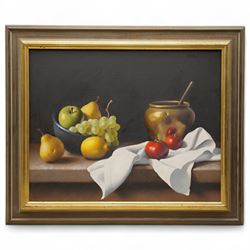 Christopher Cawthorn (British 20th century): Still Life with Fruit and Brass Pot, oil on canvas signed 39cm x 49cm