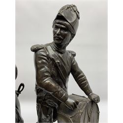 After Etienne-Henri Dumaige (1830-1888): 'Avant de Combat Volontaire de 1792' and 'Apres de Combat Grenaider de 1792', pair of large bronze figures modelled as French Revolutionary soldiers, each upon rectangular stepped black marble base, signed E H Dumaige, Paris 1888, tallest example H68.5cm