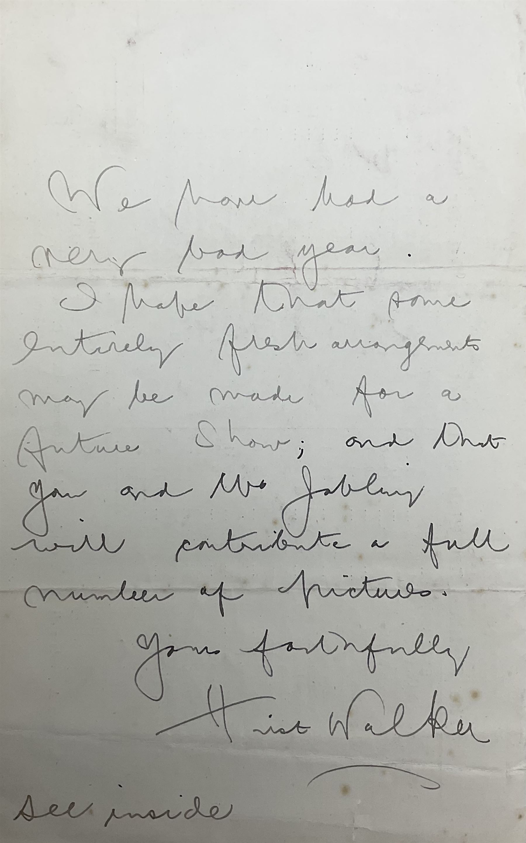 Hirst Walker (Staithes Group 1868-1957): two handwritten letters to fellow Staithes Group member Robert Jobling (1841-1923). 
The first, on York City and County Banking Co Ld Whitby headed paper, inscribed 'Dear Mr Jobling, I am extremely obliged for the 4/- postal order safely to hand. I only hope that another year I may have the pleasure of sending a cheque to you for pictures sold. I am sure you and Mrs Jobling have been most loyal to the Staithes Art Club. Faithfully yours, Hirst Walker.' 
The second being a copy of the Staithes Art Club Statement of Accounts for 1907, inscribed 'Dear Sir, I feel I hardly like to call on you and Mrs Jobling for the call of 2/- back now due from members of the Club. However - as you both paid your subscription - (tho' showing no work) - I feel you wish to be treated as are the other members. We have had another bad year. I hope that some entirely fresh arrangement mat be made for a future show; and that you and Mrs Jobling will contribute a full number of pictures. Yours faithfully, Hirst Walker. See inside.'