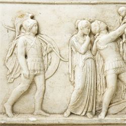 After the Antique - Relief moulded plaster plaque of Roman figures, one holding a child aloft 31cm x 55cm