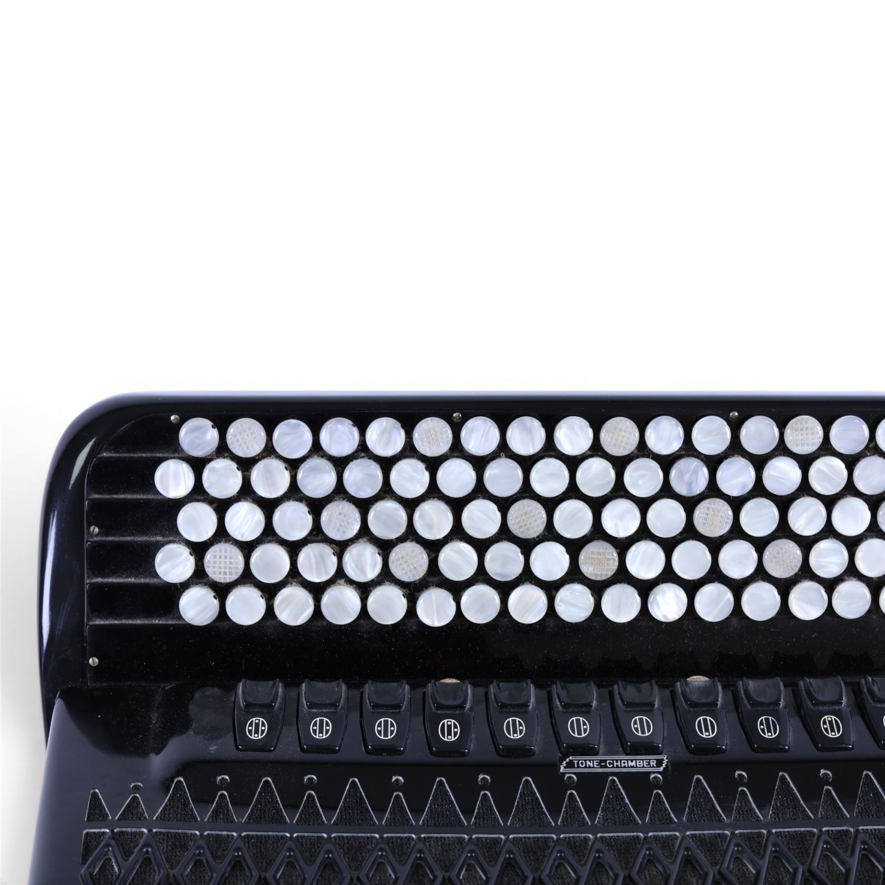Borsini Professional 5-Row Chromatic button accordion, with 92 white pearlescent chromatic buttons and 136 bass buttons, possibly a custom model, in black high gloss case, with carry strap and original hard carrycase