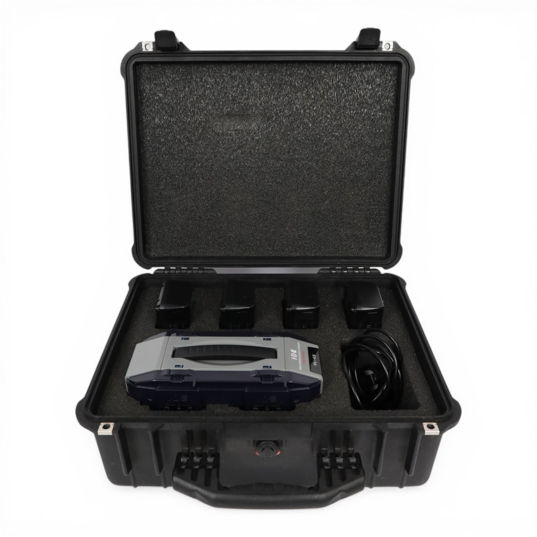 IDX Endura HL10DS 96Wh V Mount four battery set with IDX VL-4S Simultaneous V Mount charger and cable, in a custom cut Peli 1550 flight case