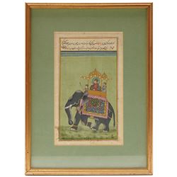 Four Mughal school watercolours, one pair depicting a couple upon thrones, an elephant procession and warriors in battle, largest 23cm x 38cm (4)