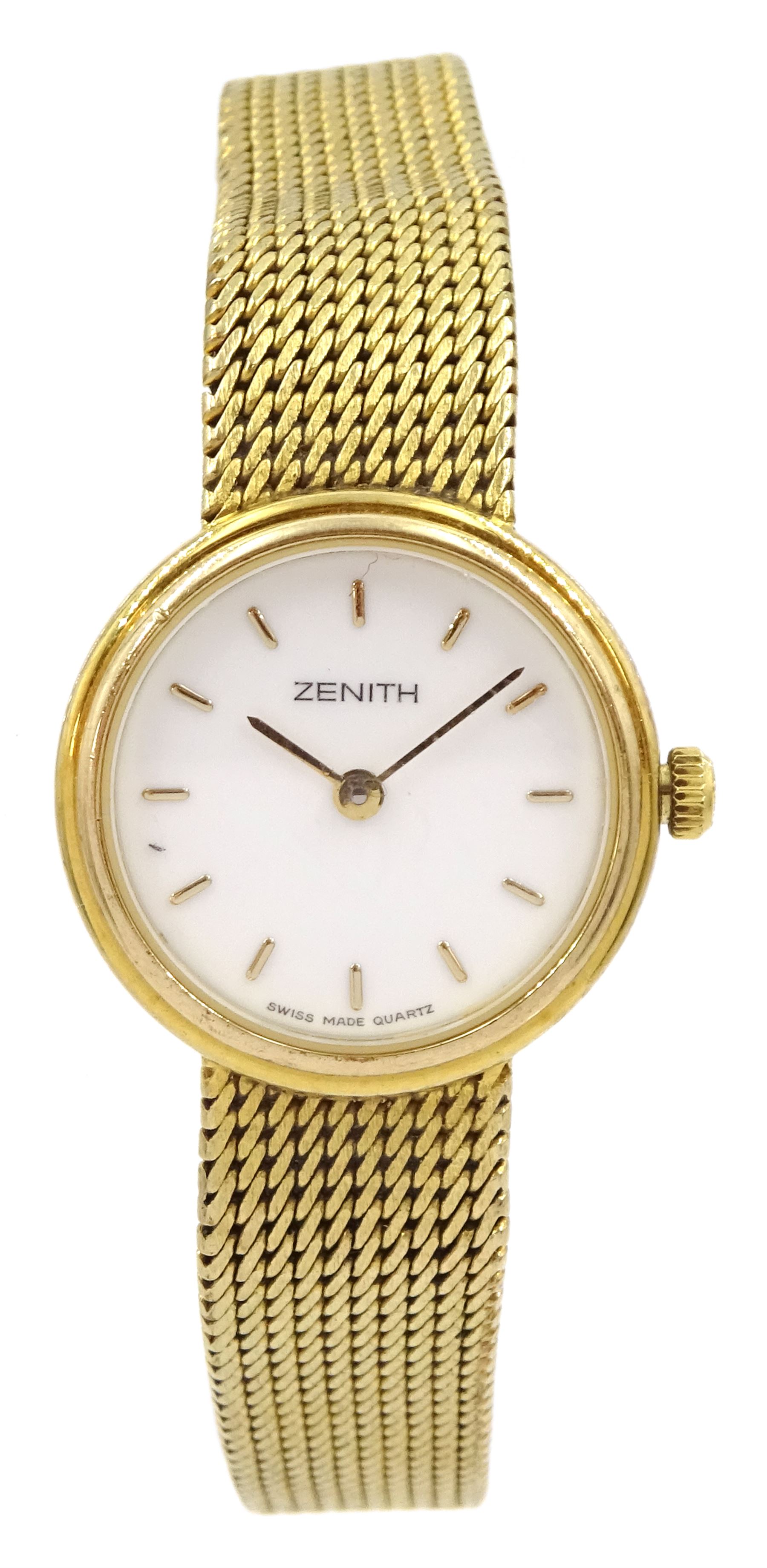 Zenith ladies 9ct gold quartz wristwatch, white enamel dial with baton hour markers, on integral 9ct gold bracelet strap