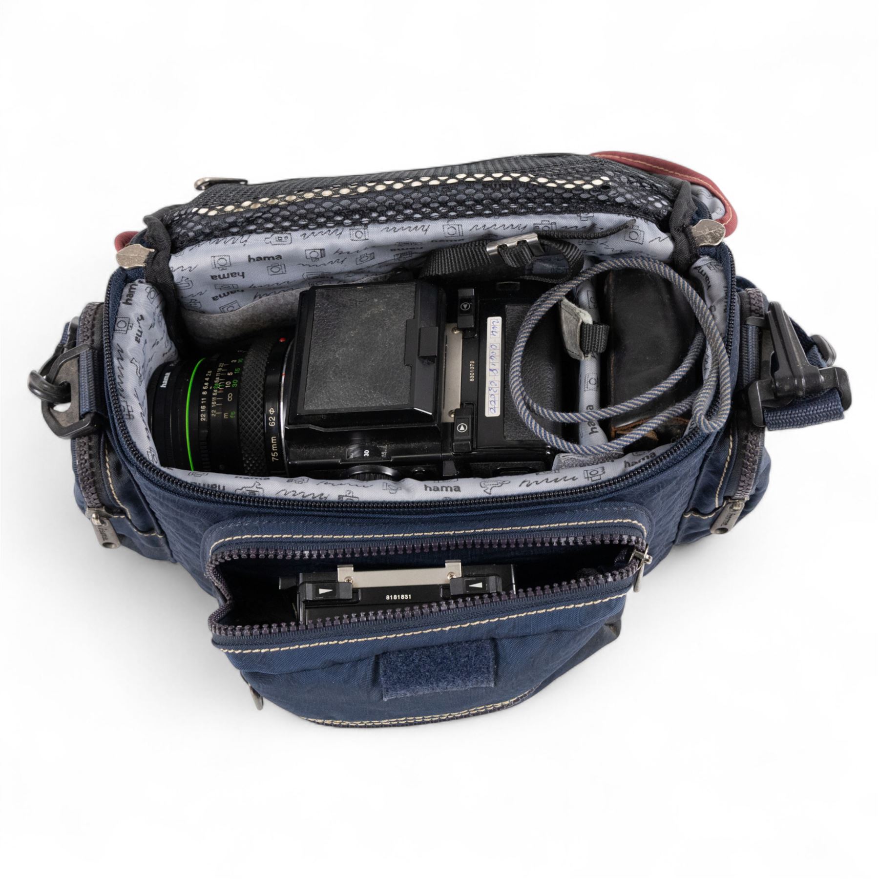 Zenza Bronica ETRS medium format camera, serial no. 8301079, with Zenza Bronica Zenzanon EII 1:2.8 f=75mm lens with lens cap, serial no. 7955198 and two film backs and instruction booklet