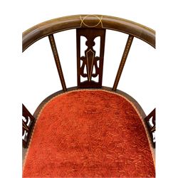 Edwardian mahogany tub-shaped armchair (W64cm), and an Edwardian mahogany Sutherland table with satinwood band (2)