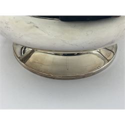 1920s five-piece silver tea service, comprising teapot, coffee pot, hot water pot, twin handled open sucrier and milk jug, each of squat circular form with shaped rim, the teapot, coffee pot and hot water pot each with ebonised handle and finial, the sucrier and milk jug with acanthus capped scroll handles, all upon circular foot, hallmarked R F Mosley & Co, Sheffield 1926 & 1927, tallest H24cm