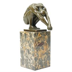 After Milo - bronze figure of a diver, upon a two tone marble base, bearing signature and foundry mark, overall H23cm