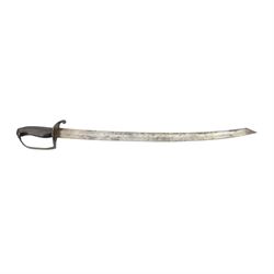 Georgian short sword, with 64cm curved single edge blade, iron guard with side loop and fluted ebony grip, with leather scabbard, L76cm