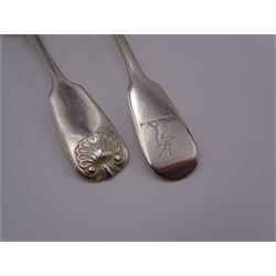 Set of six Victorian silver Fiddle shell pattern teaspoons, hallmarked Lister & Sons, Newcastle 1854, together with a further Victorian silver set of fix Fiddle pattern teaspoons, hallmarked Henry Holland, London 1959, approximate total weight 9.42 ozt (292.9 grams)