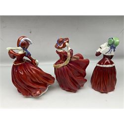 Ten Royal Doulton figures, to include Lydia HN1908, Goody Two Shoes HN2037, May HN2746, A Single red Rose HN3376, etc, nine with original boxes 