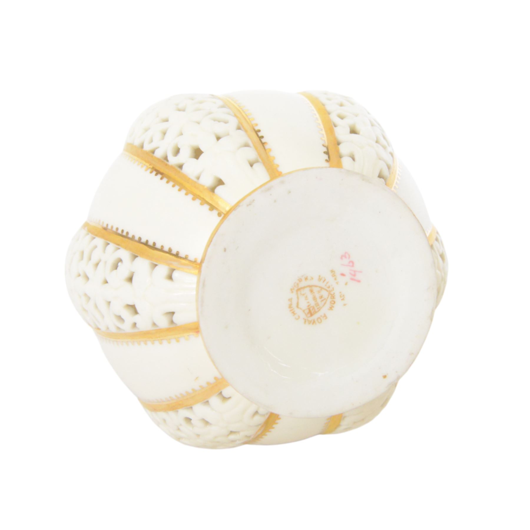 Pair of Grainger & Co. Royal China Works Worcester vases, of globular form with knopped elongated neck, with alternating reticulated panels  and gilt highlights, with printed mark beneath each numbered 1963, H19cm