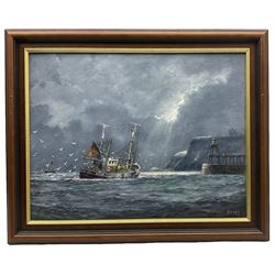Jack Rigg (British 1927-): Fishing Boat Approaching Whitby Harbour, oil on board signed 35cm x 45cm