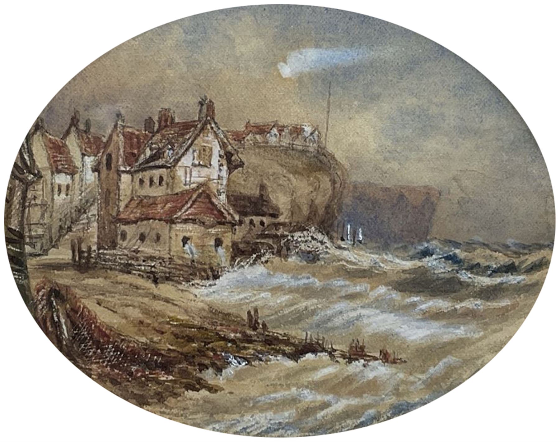 Circle of Henry Barlow Carter (British 1804-1868): Robin Hood's Bay, oval watercolour unsigned 9.5cm x 12cm
