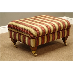  Large three seat sofa (W226cm, D103cm), two seat sofa (W186cm), and matching foot stool upholstered in striped and floral patterned fabric, retailed by Alstons   