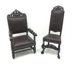 Jacobean style oak library chair, floral carved and pierced cresting rail, upholstered back seat and arms, barley twist supports (W68cm) and a similar oak hall chair, carved cresting rail and supports, upholstered back and seat (W52cm)