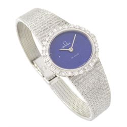 Omega ladies 18ct white gold, manual wind wristwatch, Cal. 620, lapis lazuli dial with round brilliant cut diamond bezel, on integral 18ct white gold bracelet, London import mark 1970