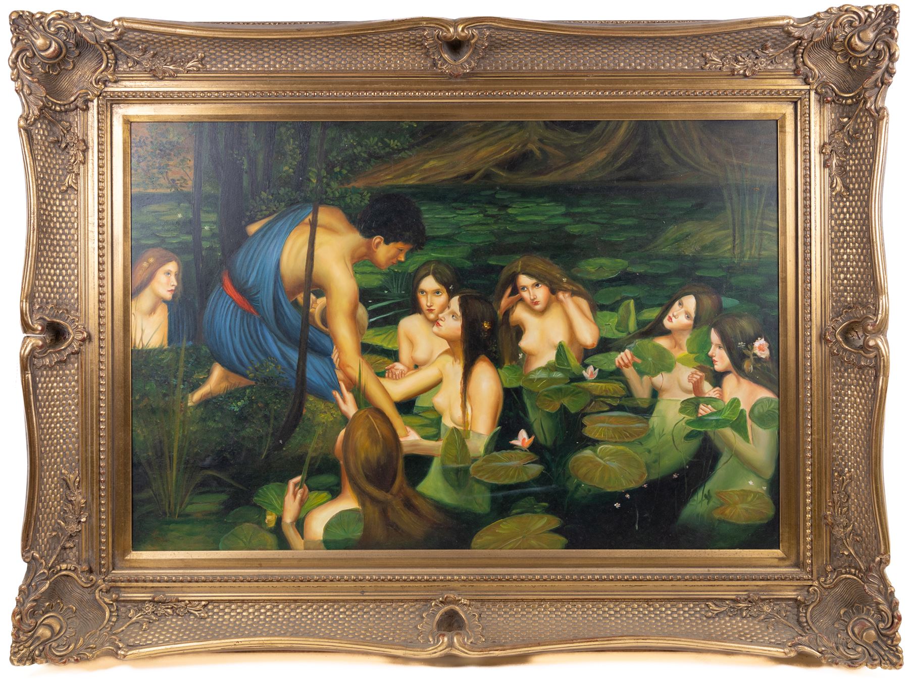 After John William Waterhouse (British 1849–1917): Hylas and the Nymphs, large oil on canvas unsigned 60cm x 90cm, in large gilt frame