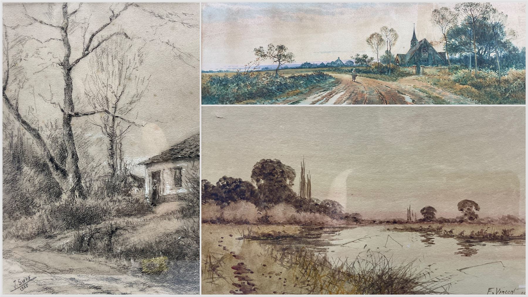 Sophia Sinclair RSA (British fl.1881-1889): The Walk Home, watercolour signed 17cm x 53cm; F Vincent: River Landscape, watercolour signed and dated '04, 15cm x 25cm; J Swift: Cottage, charcoal and chalk signed and dated 1935, 28cm x 19cm  (3)