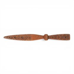 19th Century fruitwood goose-wing knitting sheath, decorated with geometric patterns, with a inset bone bust initialled A.B, together with a carved peg knitting stick, sheath L26cm