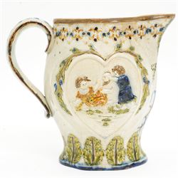 Prattware jug bearing initials JB and dated 1796, moulded with 'Mischievous Sport' and 'Sportive Innocence' pattern, painted in typical colours, H15cm