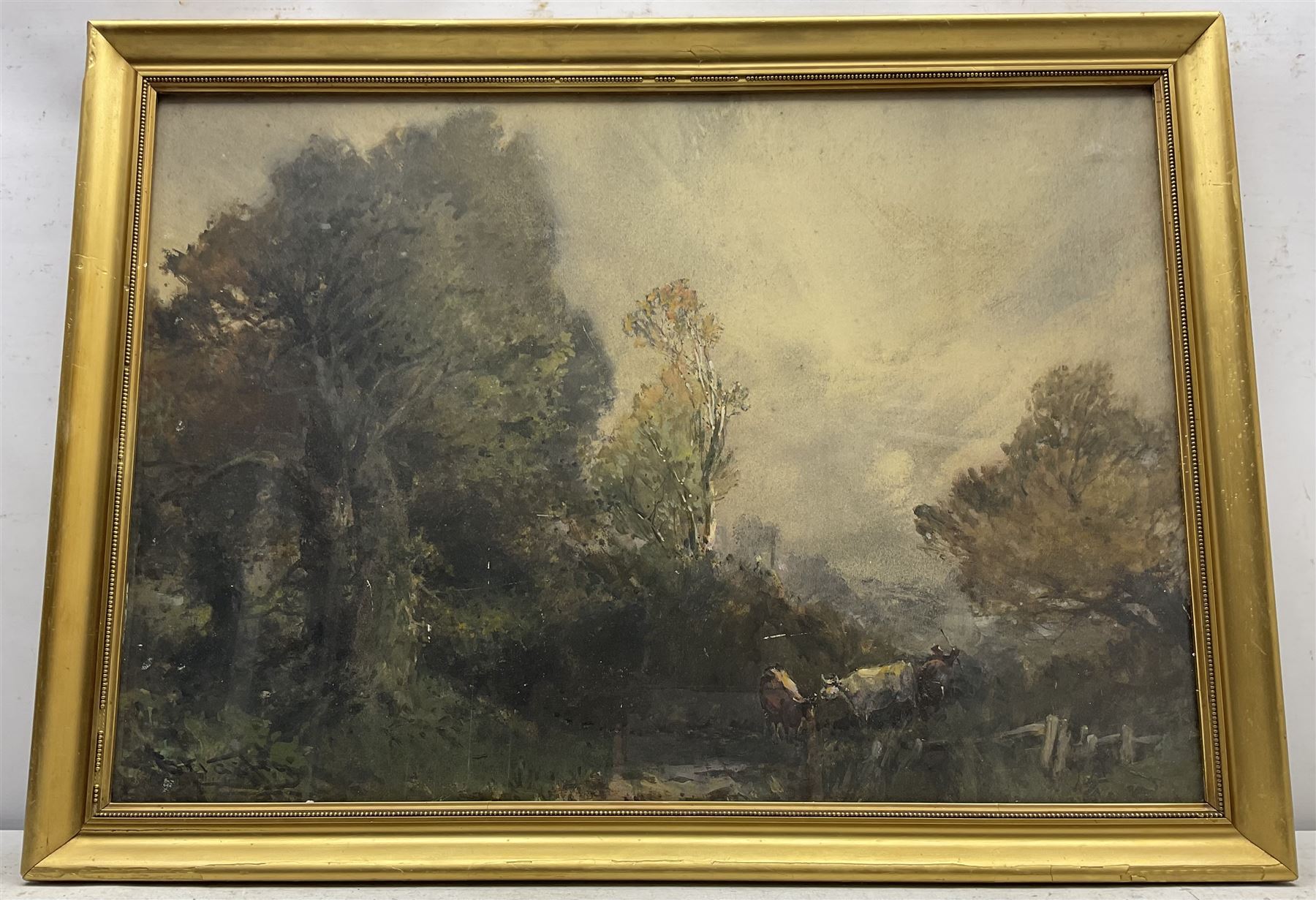 Stephen Frank Wasley (British 1848-1934): Herding Cattle, watercolour heightened in white signed 74cm x 52cm